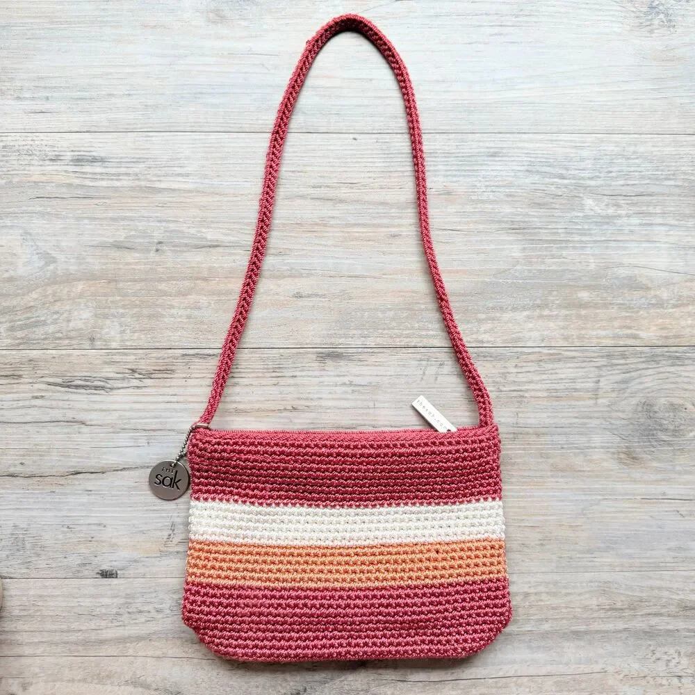 The Sak Crochet Knit Striped Shoulder Bag Y2K Boho Pink Sunset Mini Hobo Purse